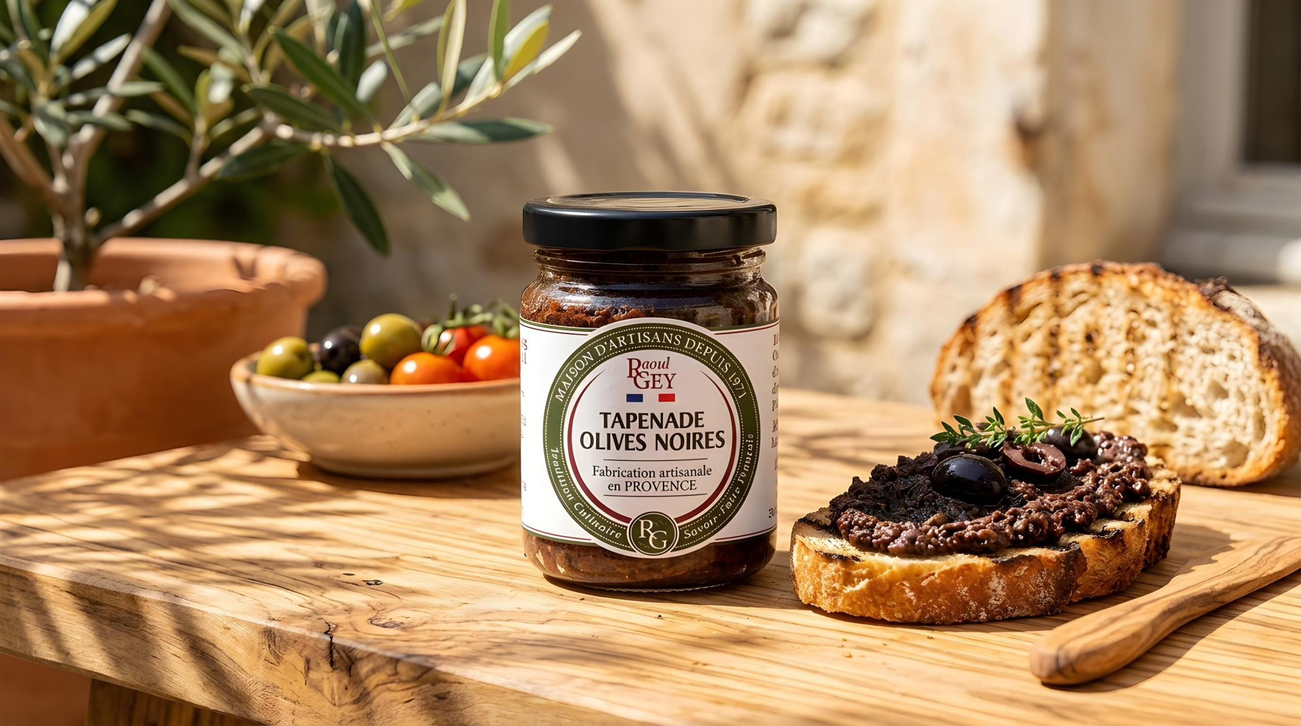 Tapenade noire artisanale Raoul Gey sur bruschetta avec chèvre frais et basilic