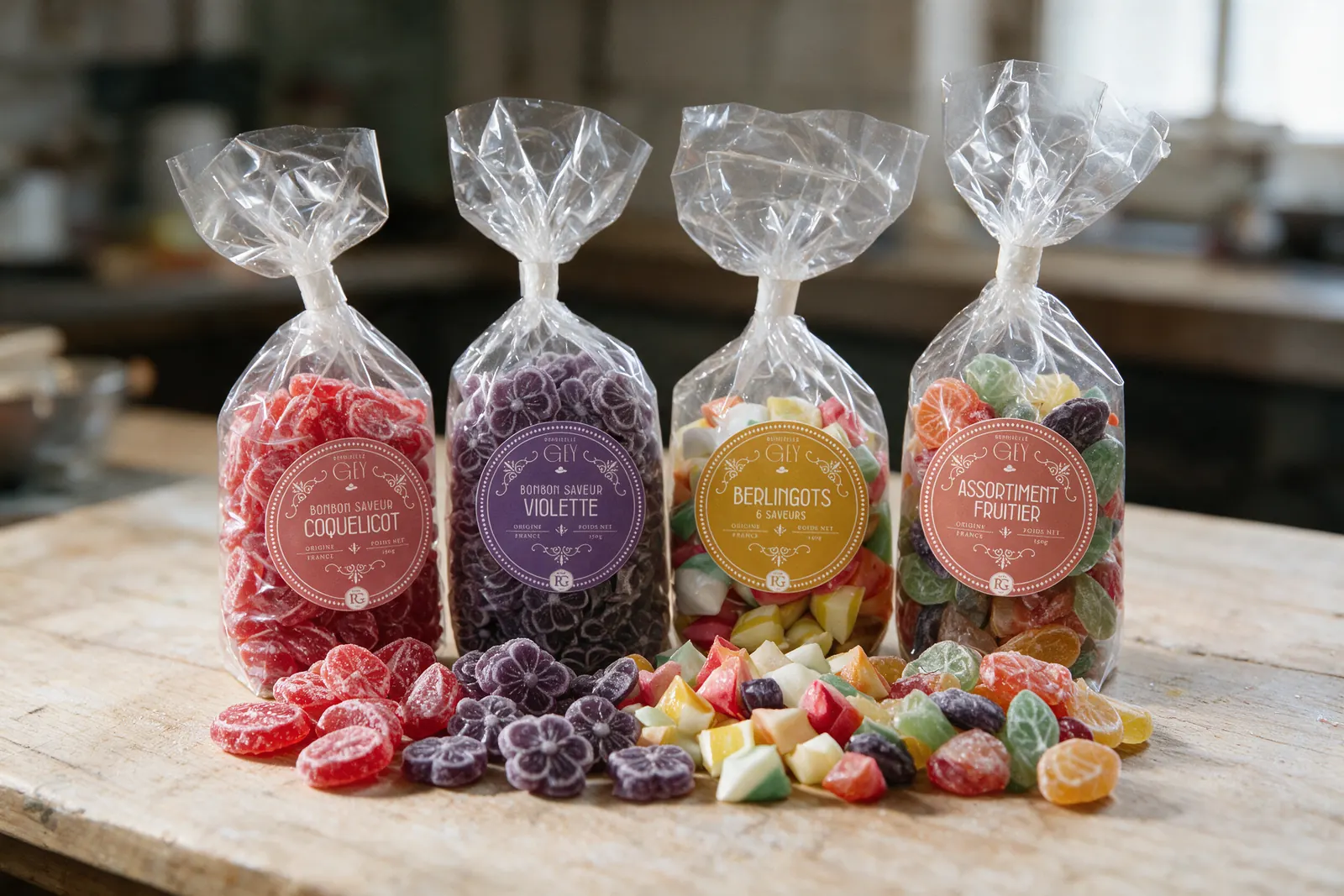 Sachets de bonbons d'antan Raoul Gey à la violette, berlingots et assortiment fruitier