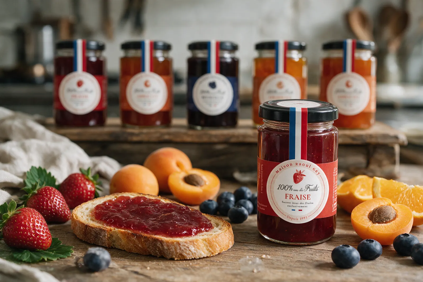 Confitures 100 % fruits Raoul Gey, tartine de confiture de fraise et fruits frais