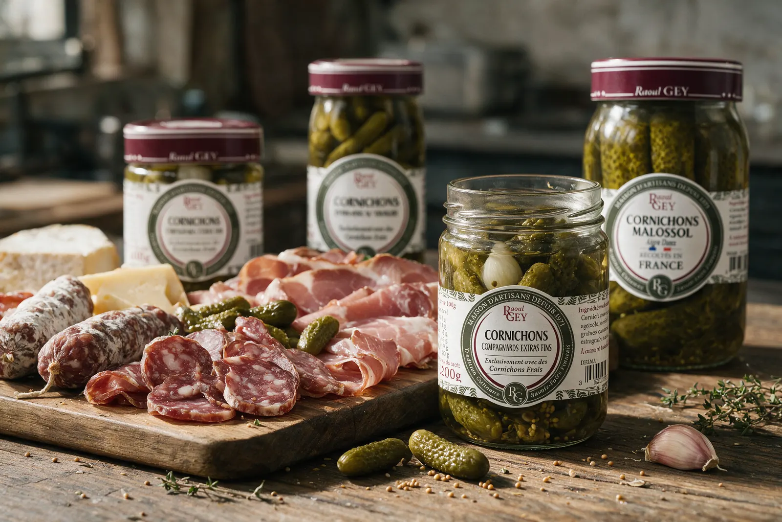 Cornichons extra-fins et malossol Raoul Gey sur une planche de charcuterie avec jambon, saucisson et fromage