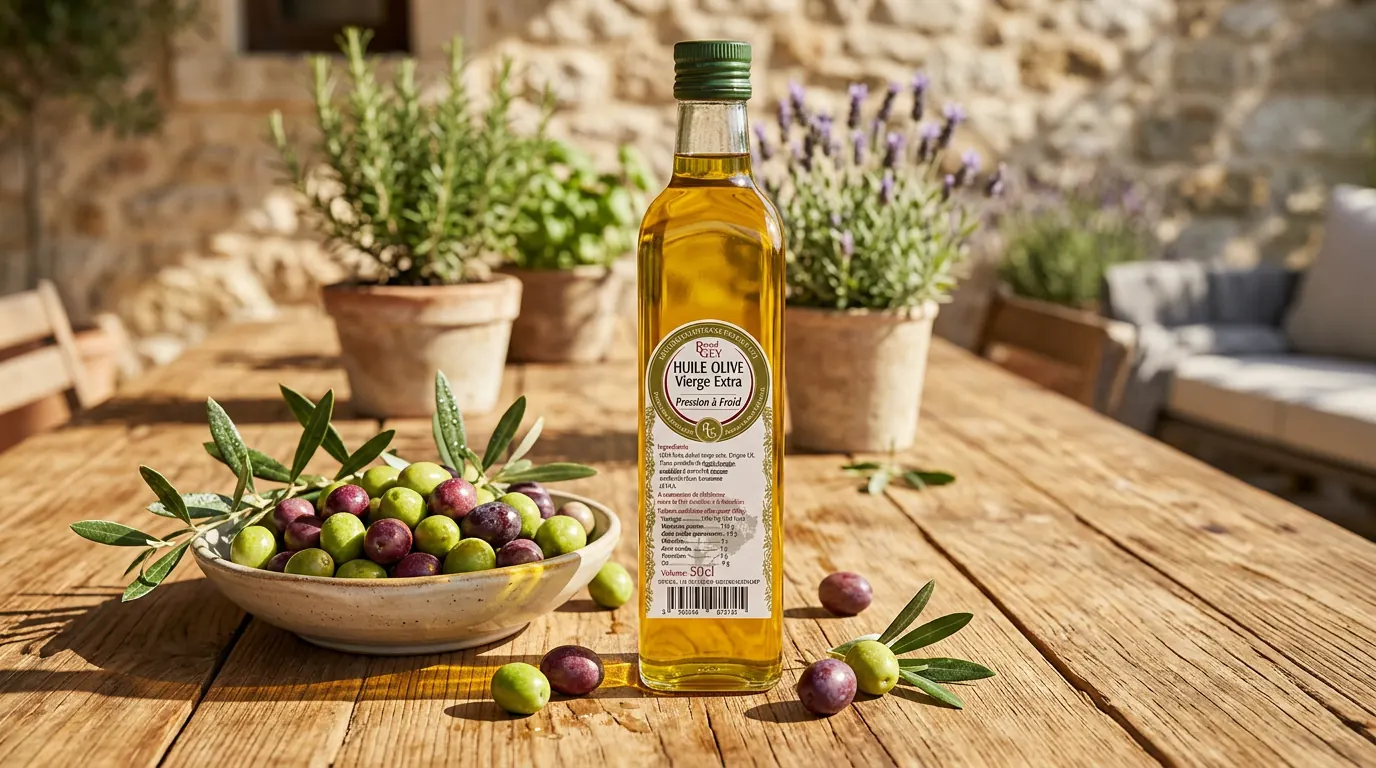 Huile d'olive vierge extra Raoul Gey pressée en Provence, olives et herbes aromatiques