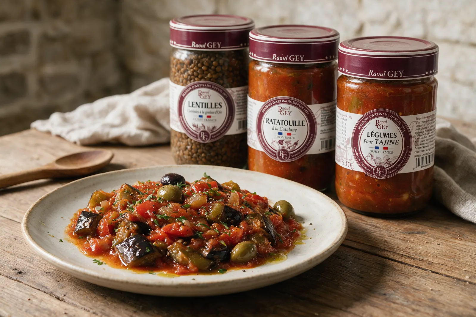 Ratatouille provençale et lentilles cuisinées Raoul Gey en bocaux, servies dans une assiette
