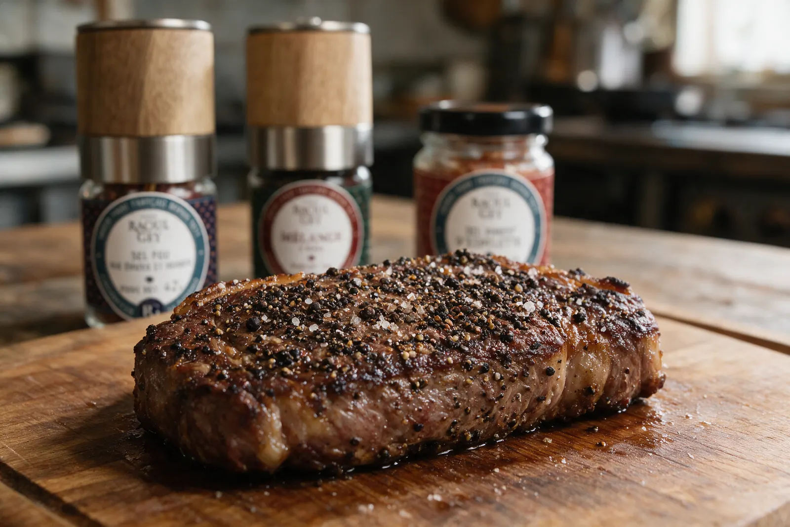 Moulins à poivre et à sel en bois Raoul Gey à côté d'un rôti de bœuf poivré