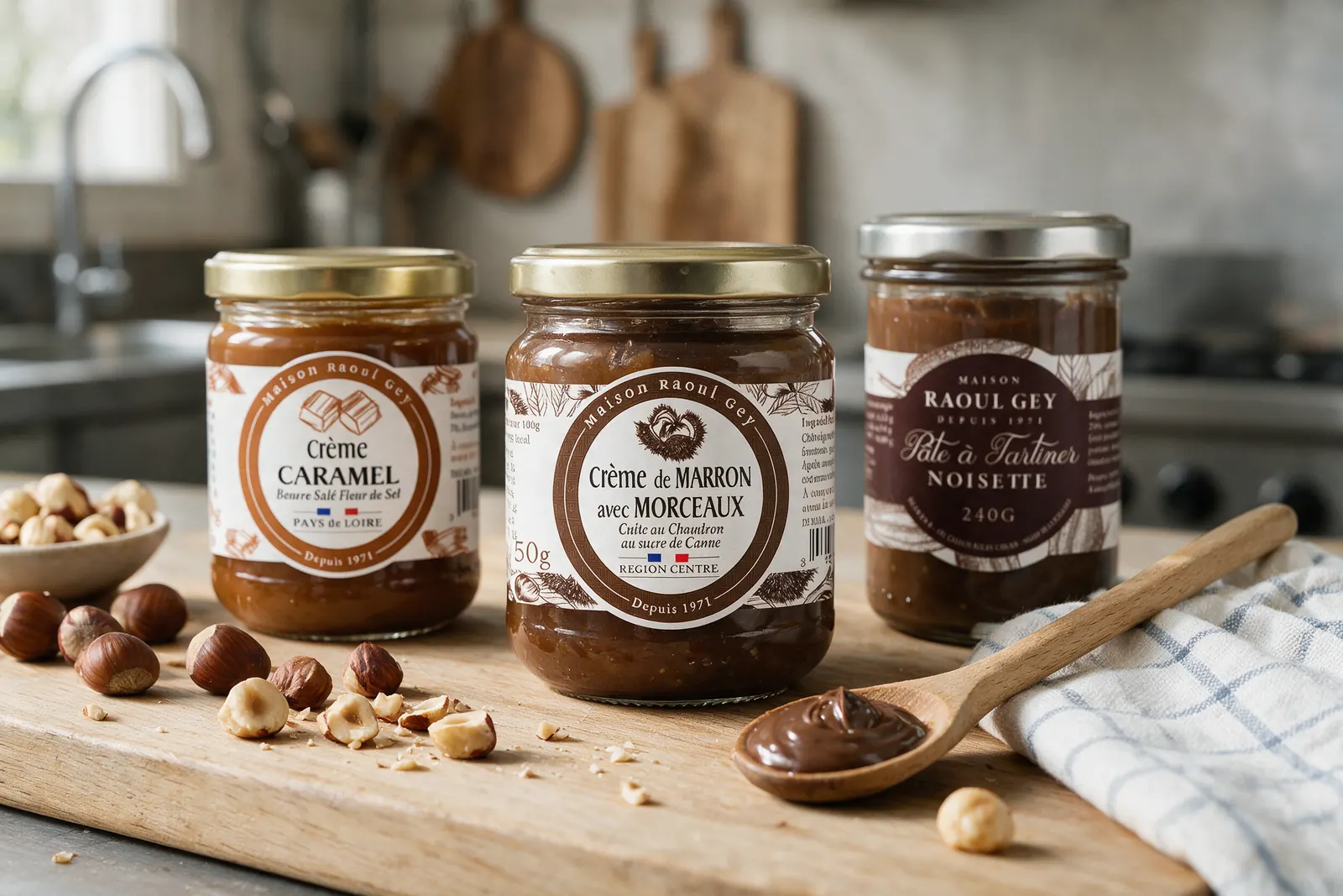 Crème de marron, crème de caramel et pâte à tartiner Raoul Gey avec noisettes et marrons