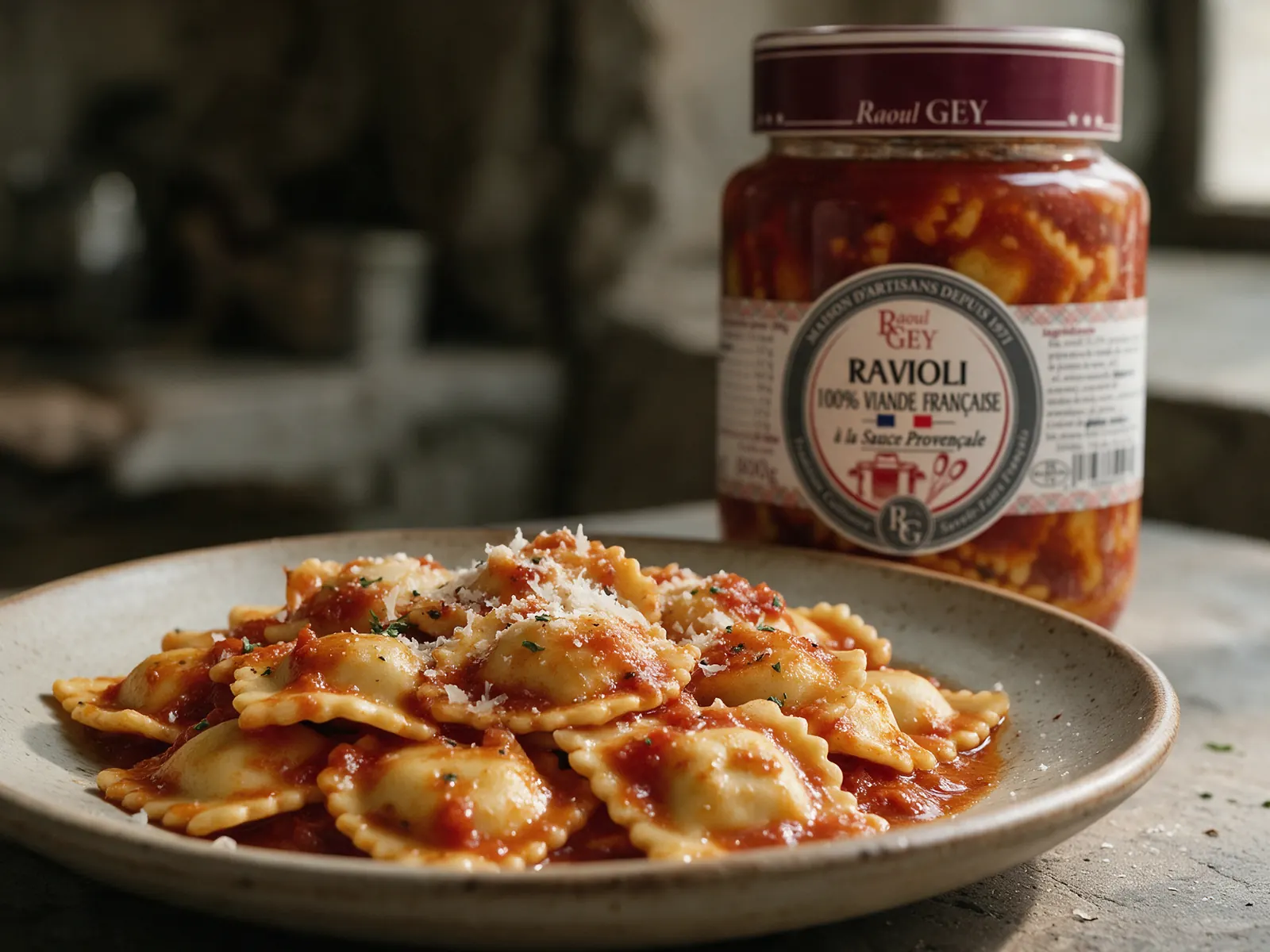 Raviolis à la provençale Raoul Gey en bocal et servis dans une assiette avec parmesan