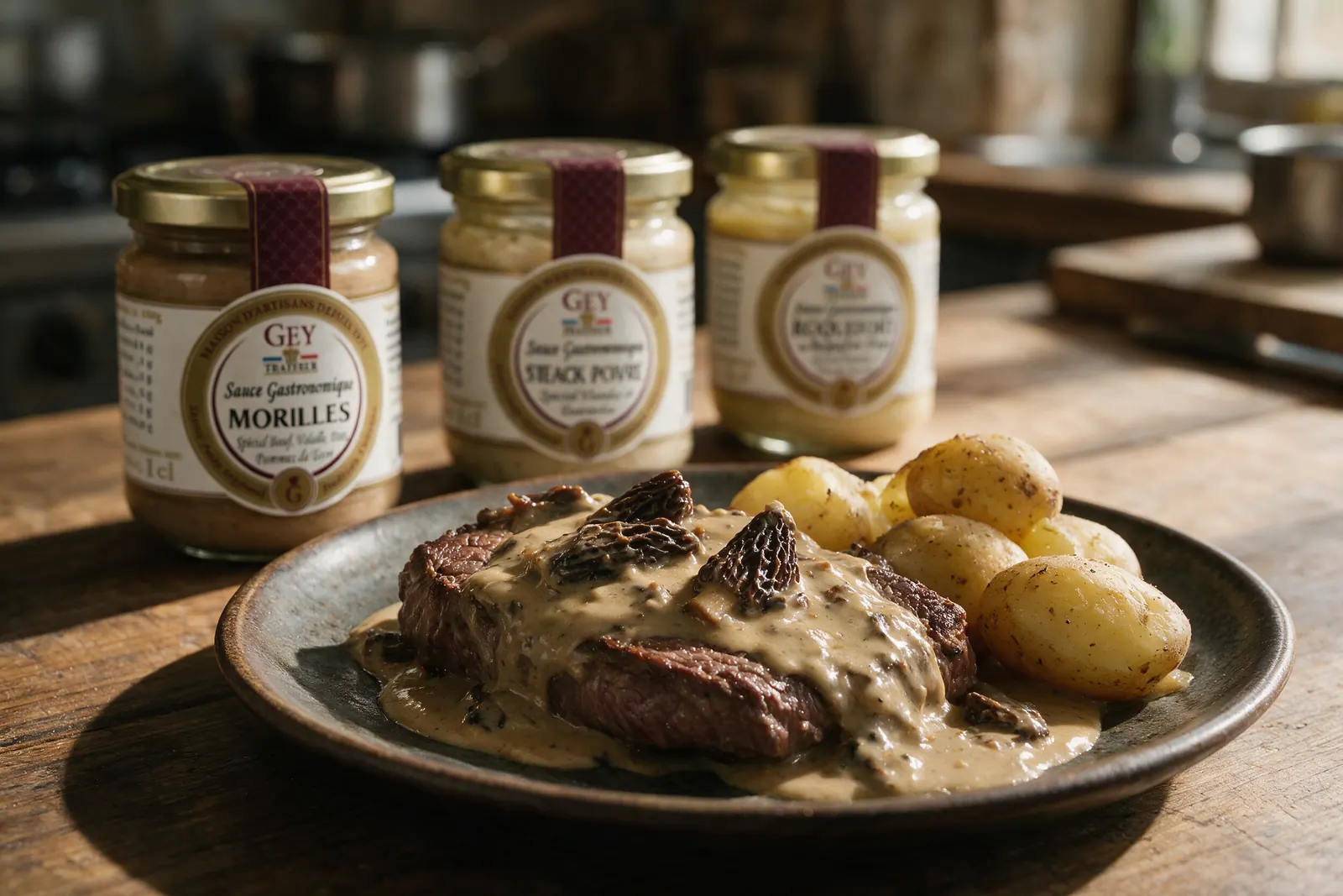 Sauce chaude aux morilles et au cognac Raoul Gey nappant une pièce de viande, avec pommes de terre grenaille