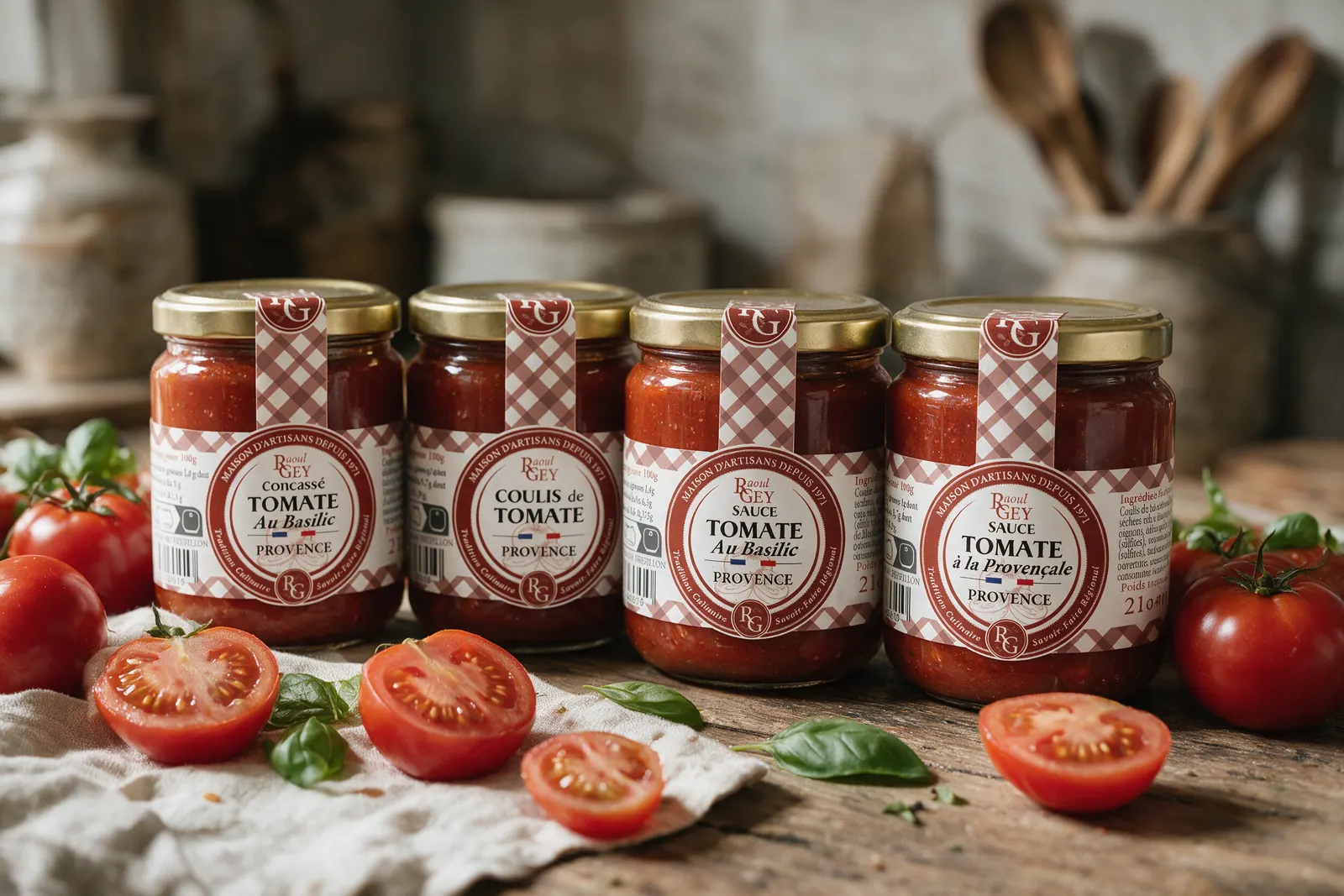 Sauces tomate de Provence Raoul Gey en bocaux avec des tomates fraîches