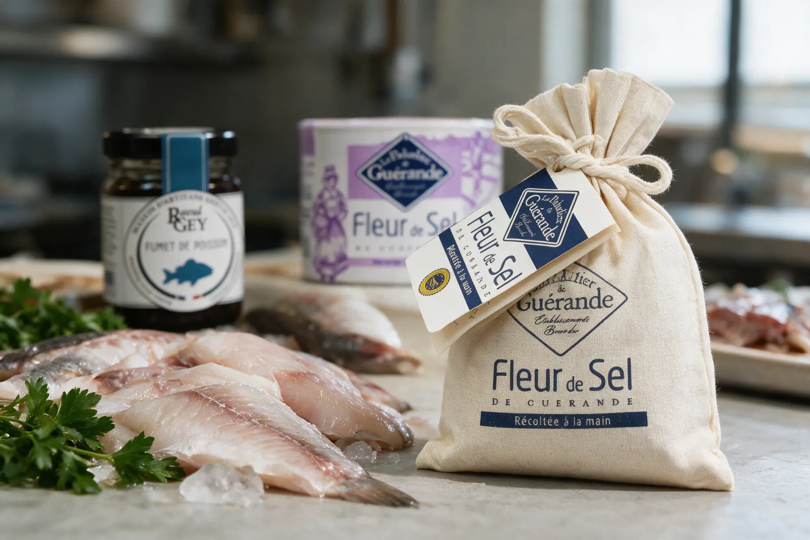 Fleur de sel et sel de Guérande IGP, fumet de poisson Raoul Gey et poissons frais