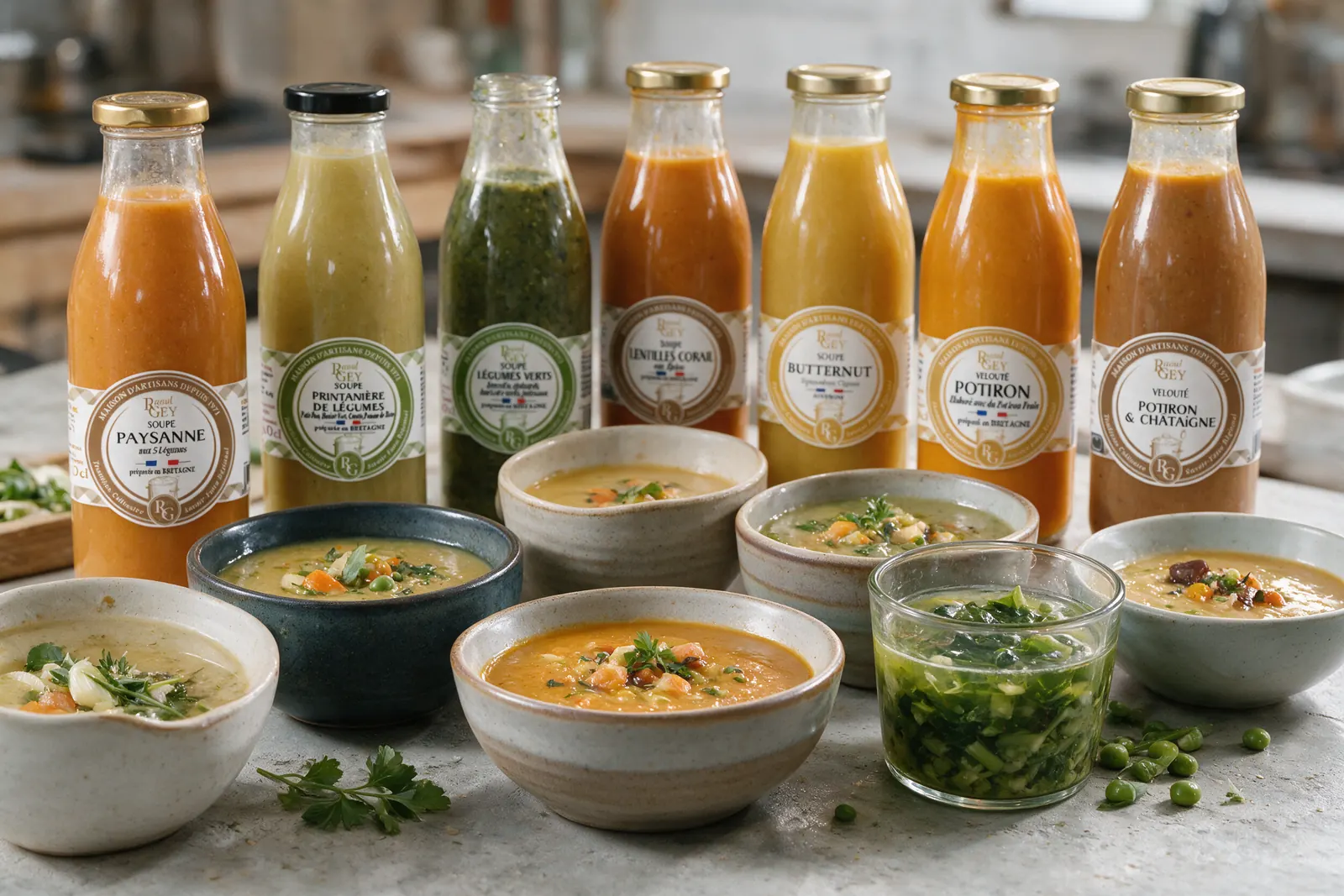 Soupes et veloutés de légumes Raoul Gey en bouteilles de 50 cl, servis en bols